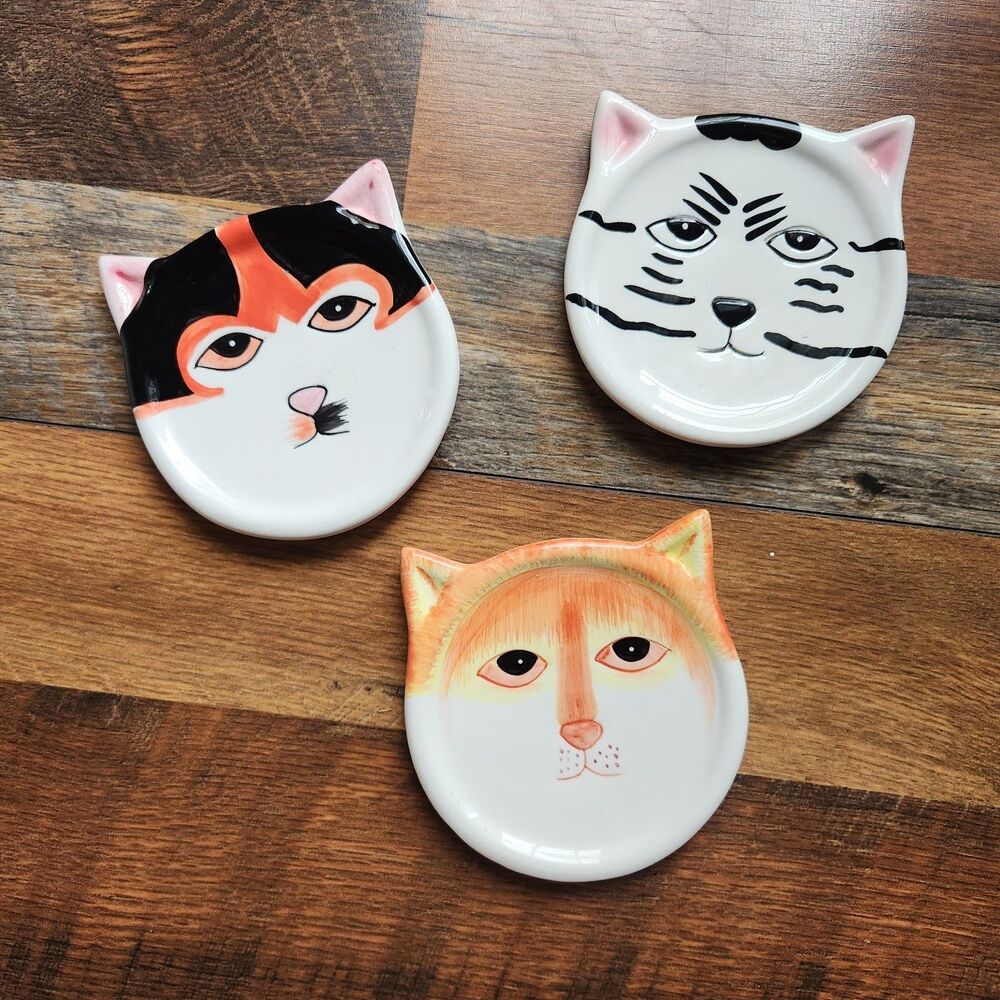 VTG 2001 Bandwagon 3 Kitty Cat Face Ceramic Coasters Spoon Rest/Soap Dish Calico